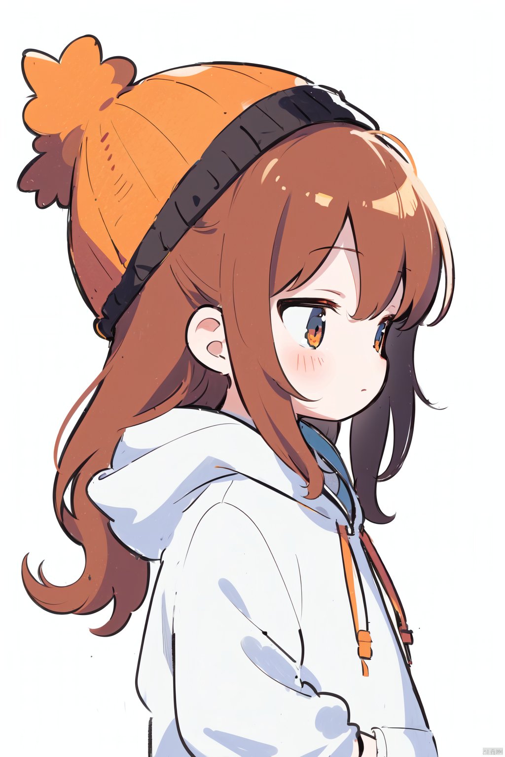 1girl, solo, long hair, bangs, brown hair, long sleeves, hat, closed mouth, upper body, signature, hood, orange hair, from side, hoodie, profile, shadow, hood down, hands in pockets, white hoodie