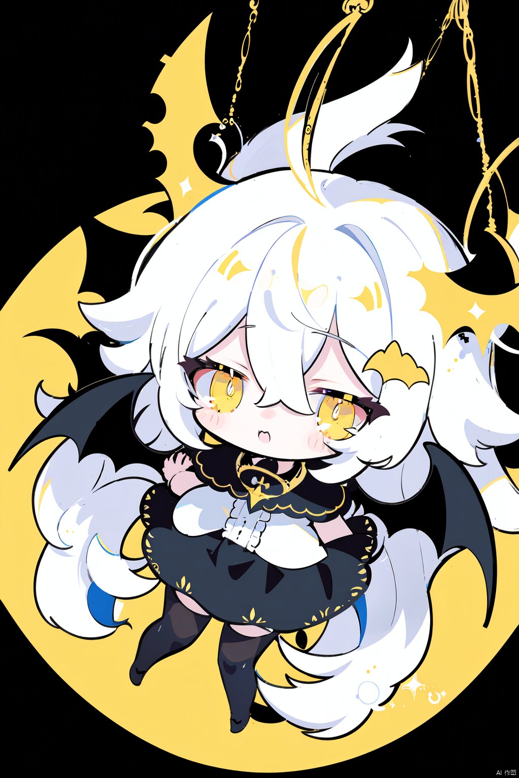 white hair,yellow eyes,looking up,stockings,long hair,messy hair,floating hair,(demon wings,bat),halo,cross necklace,holy,divinity,shine,holy light,cat girl,(petite),solo