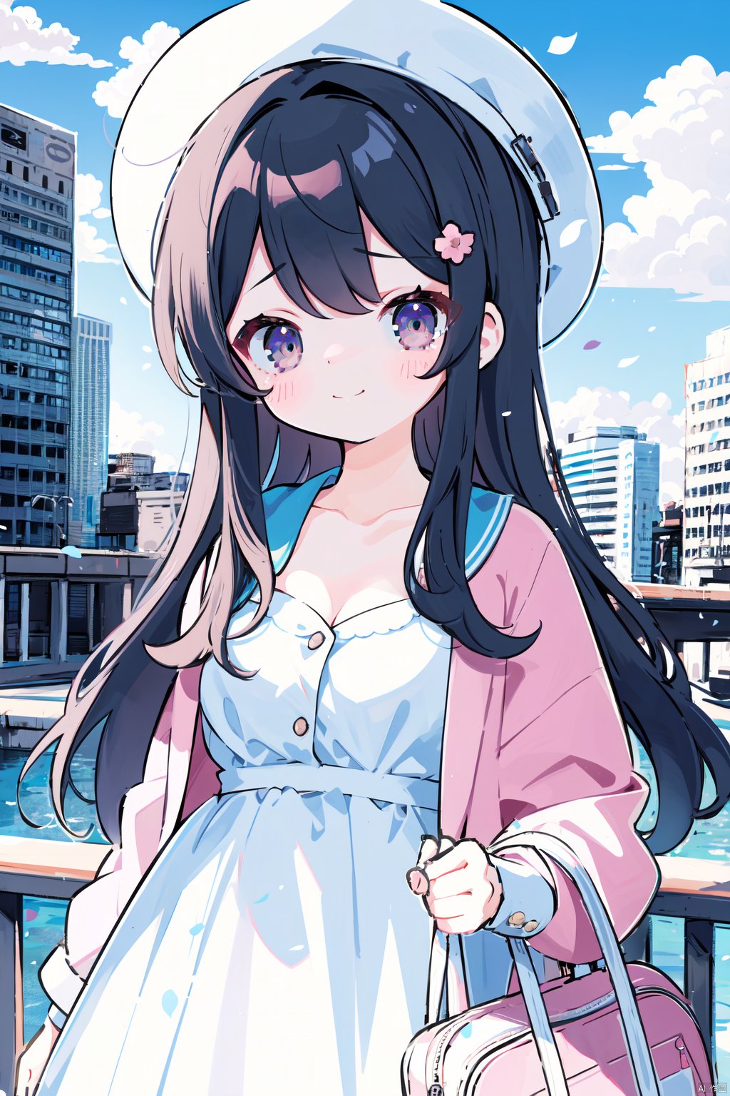 1girl, solo, long hair, breasts, looking at viewer, blush, smile, bangs, black hair, hair ornament, long sleeves, hat, dress, holding, cleavage, brown eyes, medium breasts, closed mouth, collarbone, jacket, upper body, flower, outdoors, open clothes, sky, day, hairclip, cloud, open jacket, blue sky, petals, cloudy sky, white flower, wind, building, city, railing, holding flower, cityscape, pink jacket, instrument case,loli