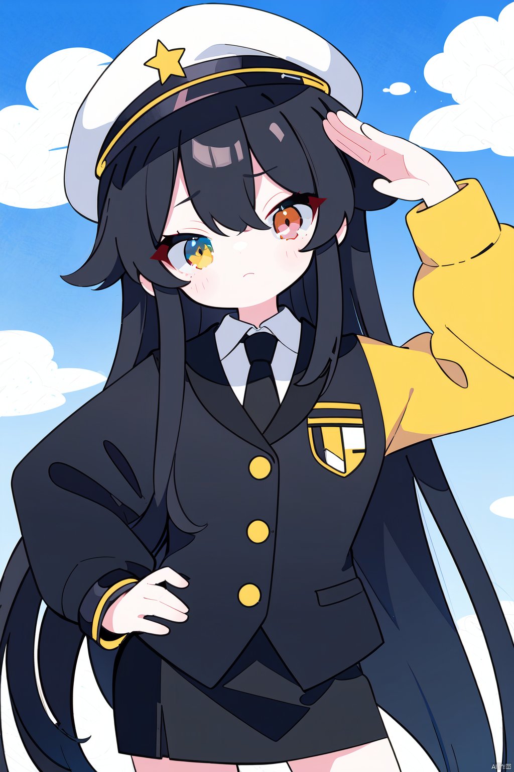 1girl, solo, long hair, looking at viewer, bangs, skirt, shirt, black hair, red eyes, long sleeves, hat, very long hair, closed mouth, standing, jacket, yellow eyes, white shirt, outdoors, necktie, sky, day, collared shirt, cloud, black skirt, water, uniform, blue sky, black jacket, head tilt, hand on hip, heterochromia, white headwear, peaked cap, black necktie, pencil skirt, contrapposto, salute