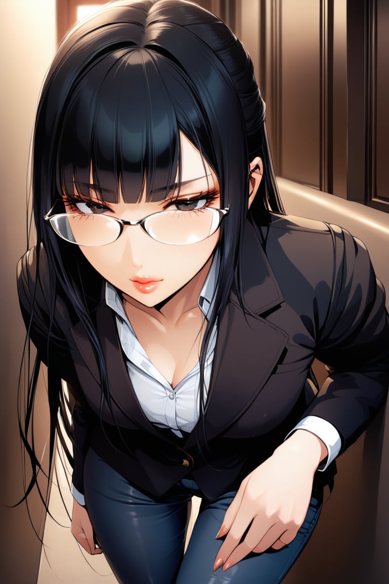 1girl, solo, long hair, bangs, hair between eyes, ,black_hair, parted lips, glasses, lips, fingernails, eyelashes, half-closed eyes,white_shirt,pants,black_coat,(masterpiece, best quality:1.2),cowboy_shot,full_body,thighs