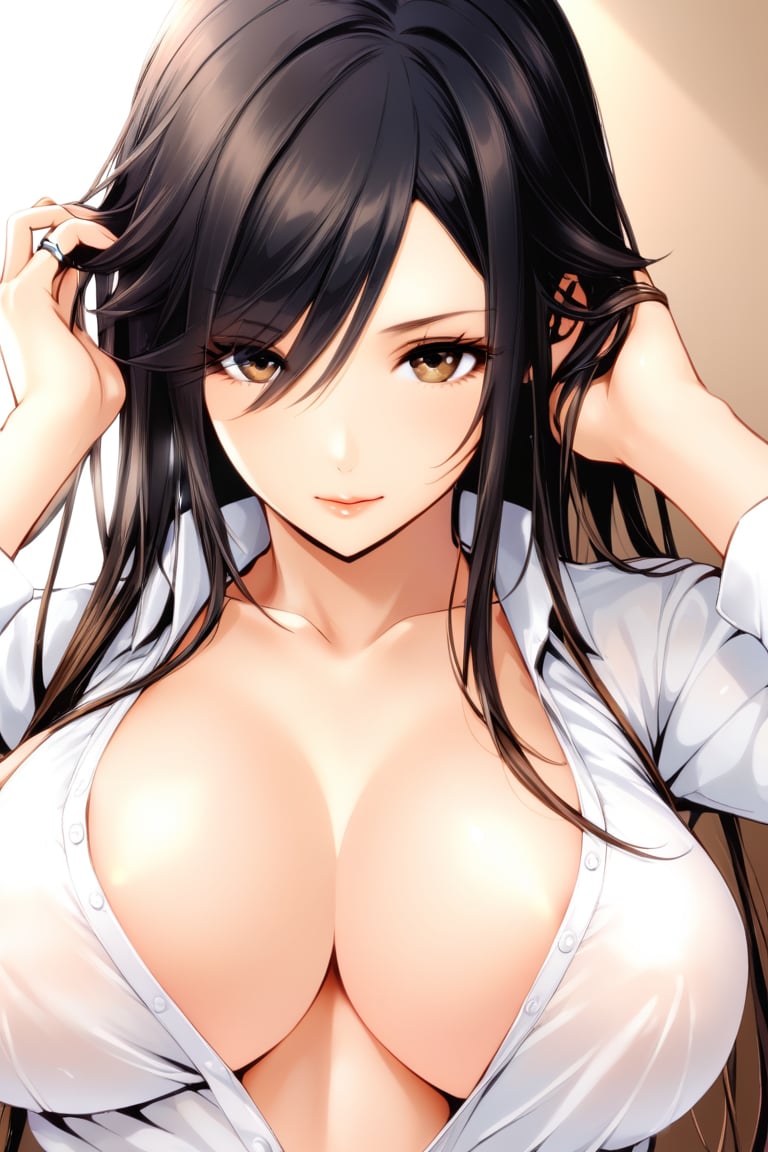 1girl, solo, long hair, breasts, looking at viewer, large breasts, shirt, black hair,morning_hair, hand_in_own_hair cleavage, brown eyes, jewelry, underwear, white shirt, upper body, open clothes, necktie, twitter username, bra, hair over one eye, open shirt, ring, black bra, messy hair,