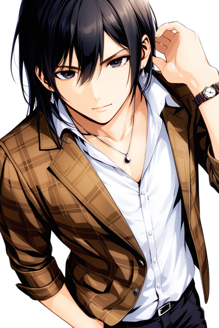 solo, long hair, looking at viewer, bangs, simple background, shirt, black hair, 1boy, white background, hair between eyes, jewelry, closed mouth, jacket, white shirt, male focus, cowboy shot, earrings, pants, medium hair, necklace, black eyes, arm up, bracelet, black pants, arm behind head, watch, hand in pocket, wristwatch, plaid jacket