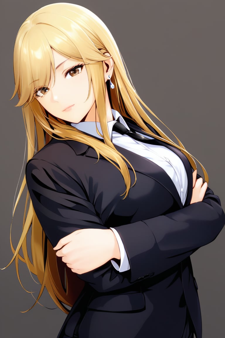 1girl, solo, long hair, looking at viewer, blonde hair, simple background, shirt, long sleeves, jewelry, jacket, white shirt, earrings, necktie, collared shirt, pants, coat, black jacket, black pants, formal, crossed arms, suit, black necktie,  jacket on shoulders, coat on shoulders