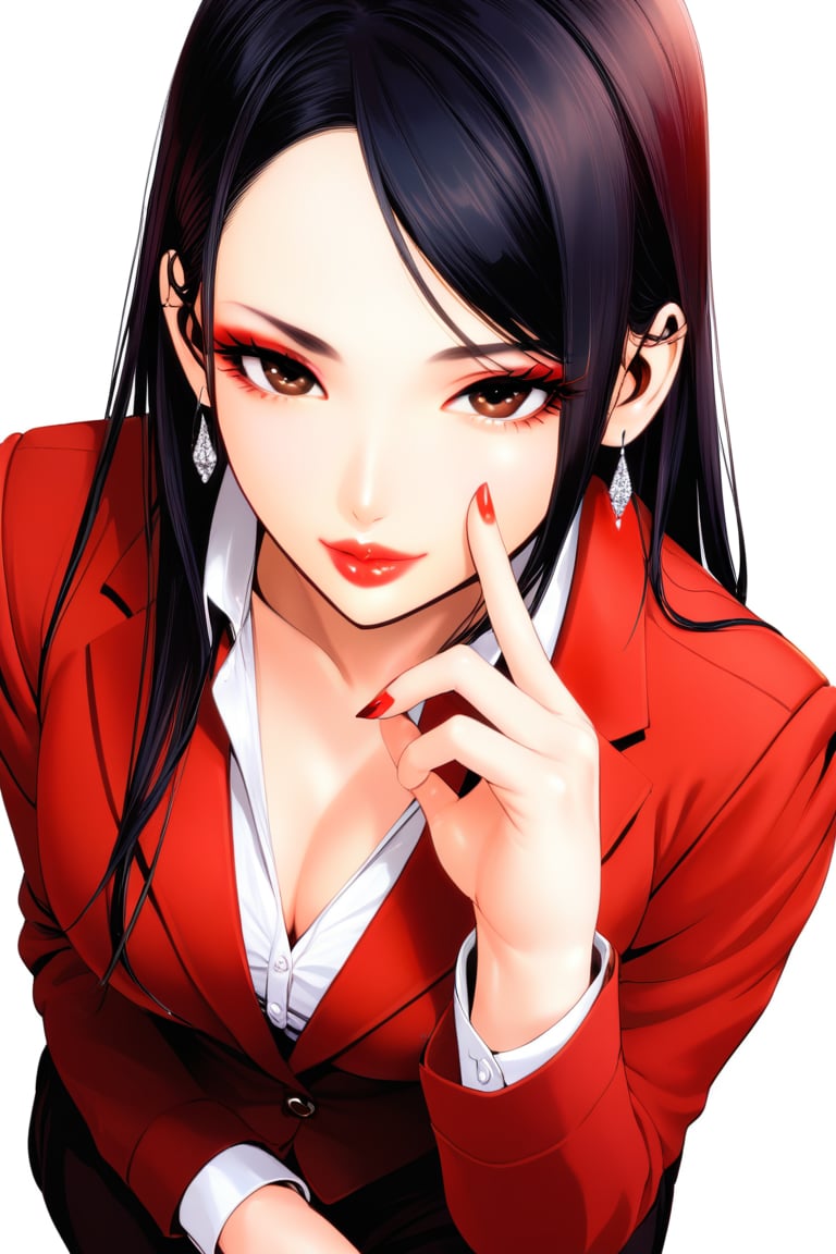 1girl, solo, long hair, breasts, looking at viewer, shirt, black hair, cleavage, jewelry, jacket, white shirt, upper body, earrings, collared shirt, nail polish, mole, lips, makeup, formal, suit, mole under mouth, red nails, red jacket, finger to mouth, red lips,black_trousers