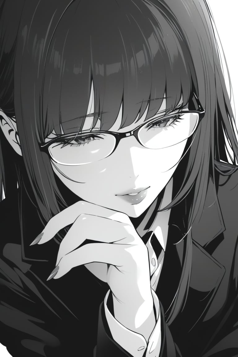 1girl, solo, long hair, bangs, hair between eyes, monochrome, greyscale, parted lips, glasses, lips, fingernails, eyelashes, half-closed eyes,white_shirt,pants,black_coat,(masterpiece, best quality:1.2),cowboy_shot