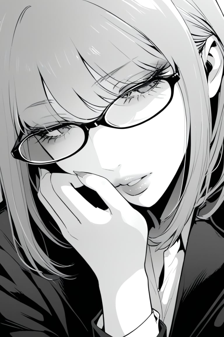 1girl, solo, long hair, bangs, hair between eyes, monochrome, greyscale, parted lips, glasses, lips, fingernails, eyelashes, half-closed eyes,white_shirt,pants,black_coat,(masterpiece, best quality:1.2)