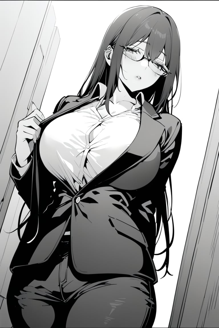 1girl, solo, long hair, bangs, hair between eyes, monochrome, greyscale,black_hair, parted lips, glasses, lips, fingernails, eyelashes, half-closed eyes,white_shirt,pants,black_coat,(masterpiece, best quality:1.2),cowboy_shot,full_body,thighs