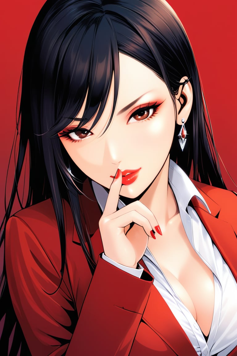 1girl, solo, long hair, breasts, looking at viewer, shirt, black hair, cleavage, jewelry, jacket, white shirt, upper body, earrings, collared shirt, nail polish, mole, lips, makeup, formal, suit, mole under mouth, red nails, red jacket, finger to mouth, red lips