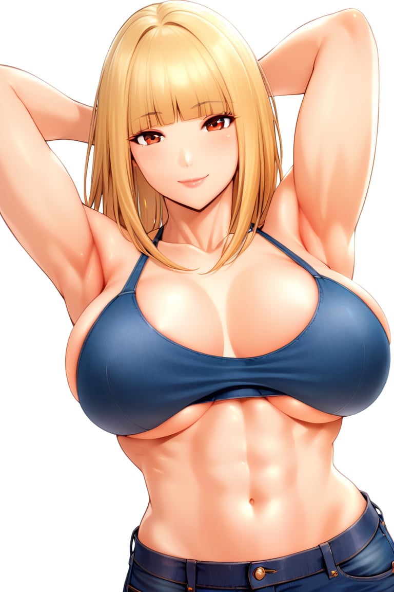 1girl, solo, long hair, breasts, looking at viewer, smile, bangs, blonde hair, large breasts, simple background, red eyes, white background, navel, cowboy shot, sleeveless, midriff, pants, armpits, arms up, crop top, muscular, abs, denim, arms behind head, toned, jeans, muscular female, hands in hair,(best quality:1.2)(masterpiece, best quality, highres:1.3)