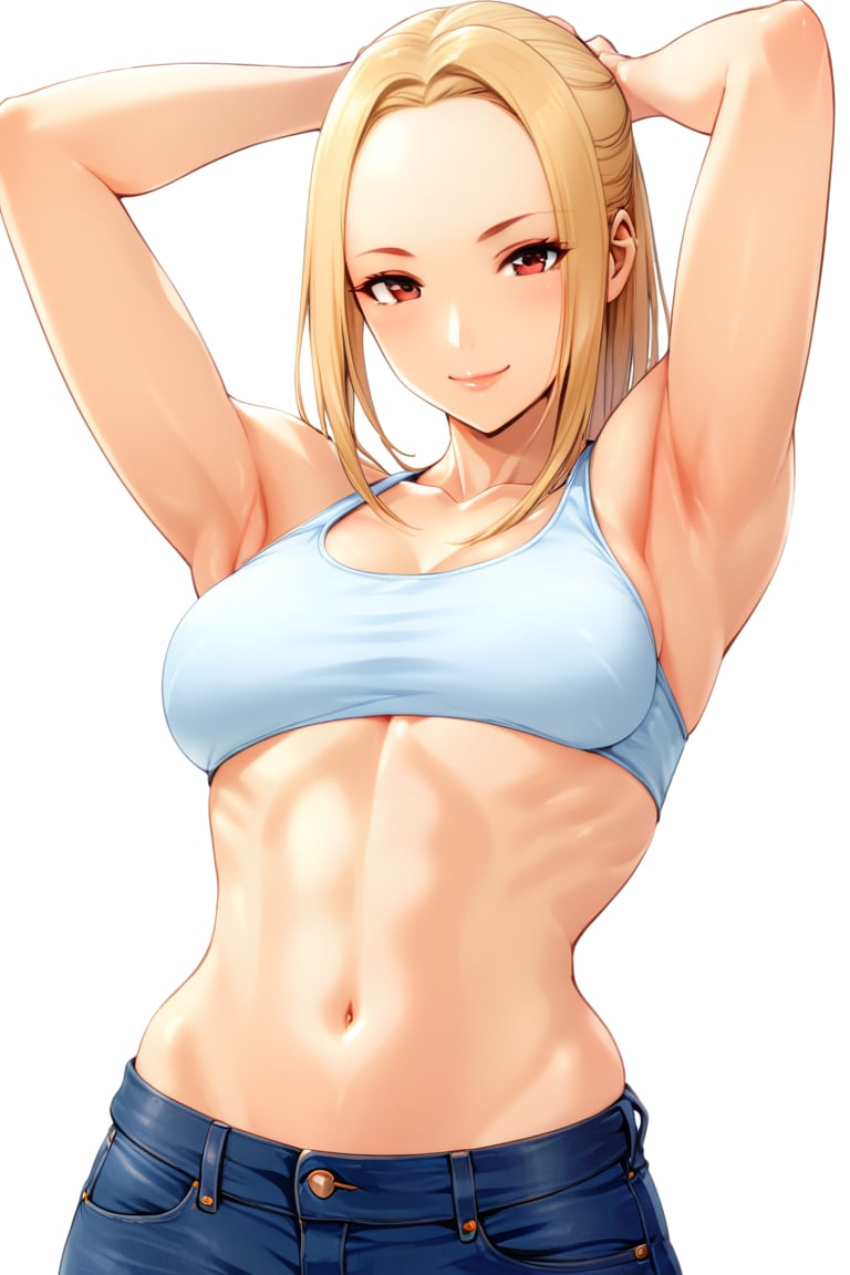 1girl, solo,long_hair, looking at viewer, smile, blonde hair, forehead,hair_intakes,hair_intakes, flat, simple background, red eyes, white background, navel, cowboy shot, sleeveless, midriff, pants, armpits, arms up, crop top, abdominal_line,toned_stomach, denim, arms behind head, toned, jeans, muscular female, hands in hair,(best quality:1.2)(masterpiece, best quality, highres:1.3),more detail XL