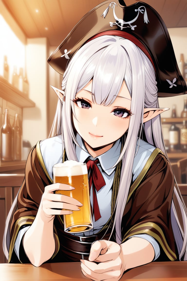 (masterpiece, best quality, highres:1.3), ultra resolution image, niji, sketch, manga, 1girl, upper body, holding_small_cup, beer, cafe,very_long_hair, elf, pale_skin, pirates