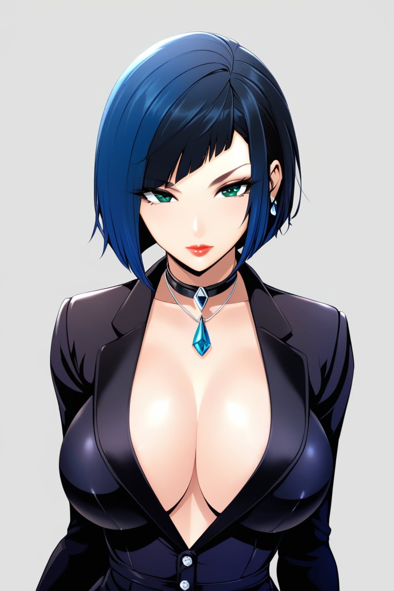 1girl, solo, breasts, looking at viewer, short hair, bangs, large breasts, black hair, dress, cleavage, jewelry, green eyes, blue hair, collarbone, jacket, alternate costume, necklace, mole, black dress, makeup, lipstick, mole on breast, yelan \(genshin impact\)