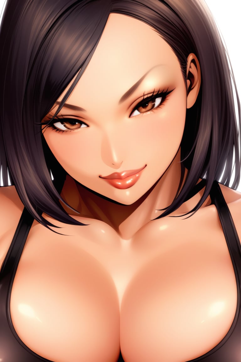 1girl, tank_top,thick_lips,plump_lips,muscular_female,solo_female,(masterpiece, best quality:1.2),looking at viewer, black_lipstick,brown_skin,brown_skin,black_hair,white_background,black_lipstick,bad_prompt_version2,smirk,hair_intakes,solo,cowboy_shot,solo,plump_lips,akira