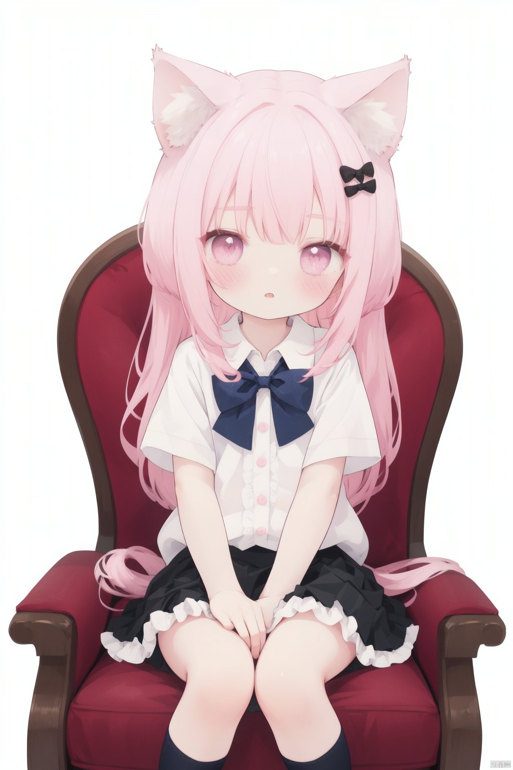  masterpiece,best quality,very long hair,cowboy shot,moinszero,moinszero,moinszero,moinszero,moinszero,moinszero,moinszero,moinszero,1girl,solo,animal_ears,pink_hair,skirt,sitting,shirt,pink_eyes,chair,white_shirt,black_skirt,looking_at_viewer,bow,white_background,black_bow,between_legs,frilled_skirt,short_sleeves,cat_ears,argyle,argyle_legwear,hand_between_legs,bowtie,simple_background,animal_ear_fluff,frills,bangs,blush,collared_shirt, loli