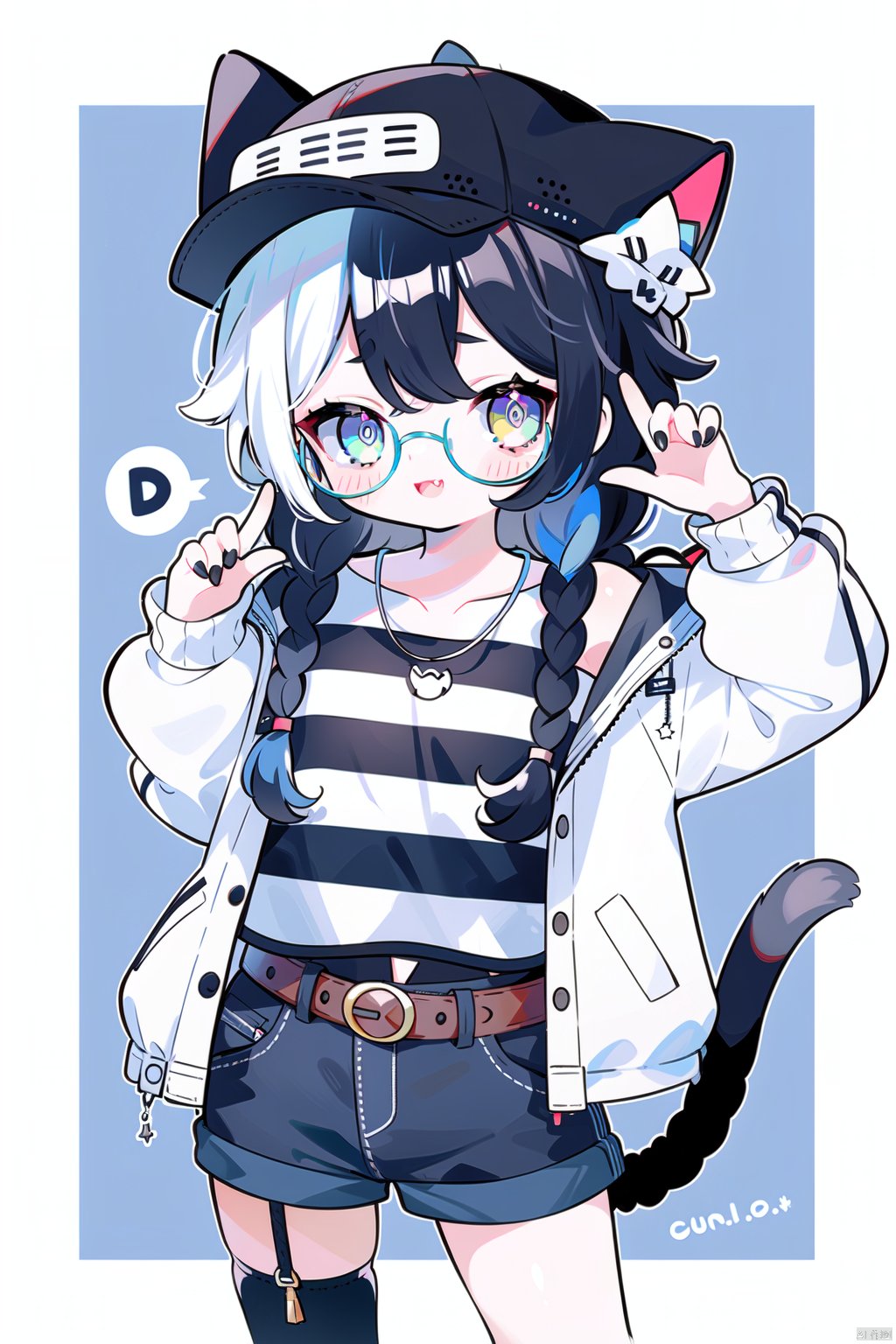 1girl, solo, long hair, looking at viewer, smile, open mouth, bangs, blue eyes, shirt, black hair, long sleeves, hat, bow, animal ears, standing, tail, yellow eyes, braid, white hair, hair bow, multicolored hair, cowboy shot, glasses, shorts, striped, belt, cat ears, nail polish, twin braids, two-tone hair, cat tail, animal ear fluff, short shorts, black headwear, black bow, heterochromia, denim, cat girl, baseball cap, blue nails, denim shorts, striped shirt, round eyewear