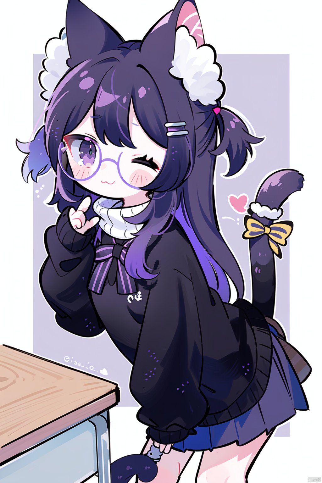 1girl, solo, long hair, looking at viewer, blush, smile, bangs, skirt, brown hair, shirt, hair ornament, long sleeves, animal ears, closed mouth, school uniform, purple eyes, tail, purple hair, heart, multicolored hair, pleated skirt, one eye closed, glasses, hairclip, cat ears, black skirt, sweater, streaked hair, cat tail, animal ear fluff, sleeves past wrists, hands up, leaning forward, cat girl, desk, grey skirt, black-framed eyewear, school desk, black sweater, tail raised, chalkboard, diagonal stripes