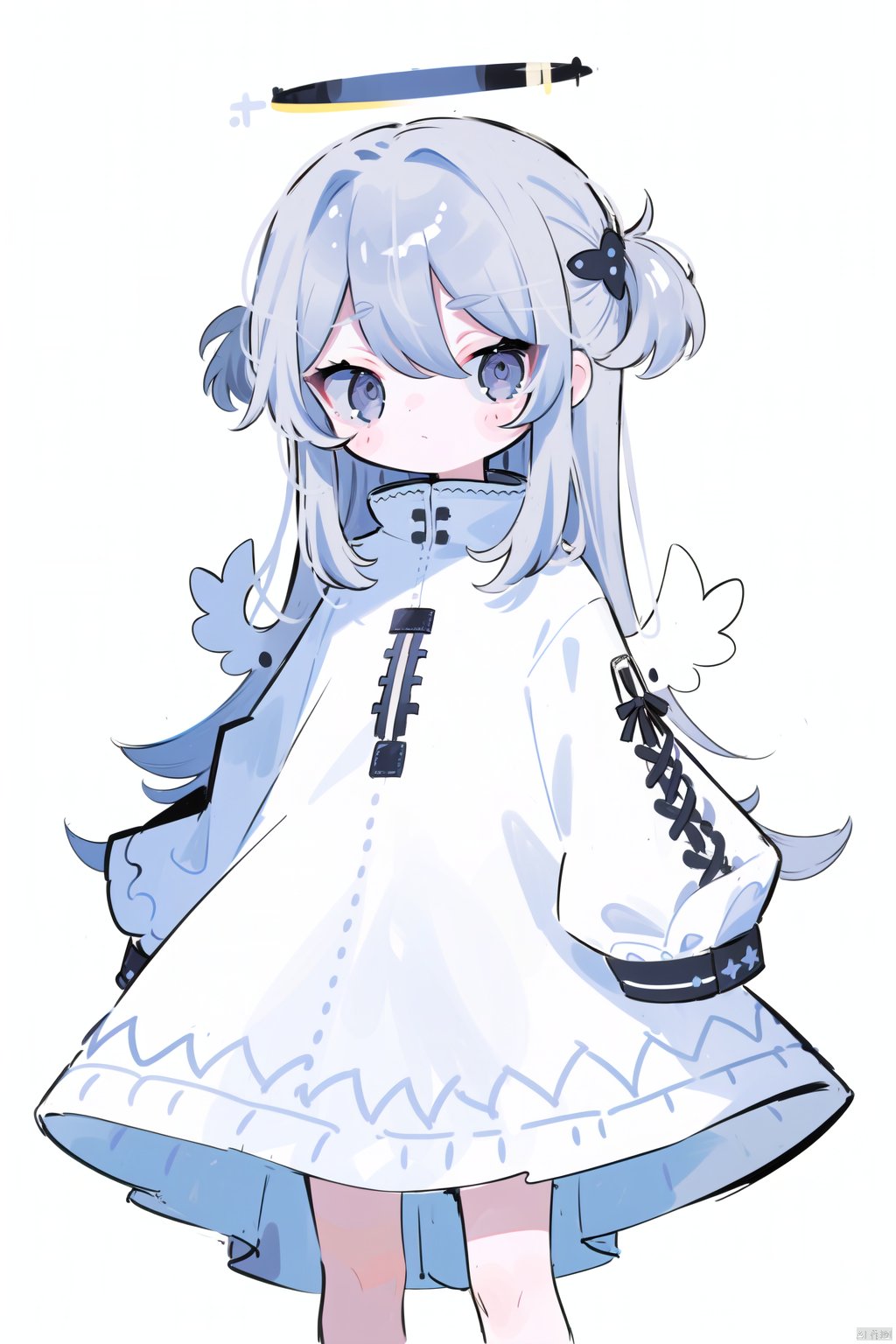 1girl, solo, halo, white background, dress, simple background, grey eyes, long hair, grey hair, long sleeves, sleeves past wrists, white dress, wings