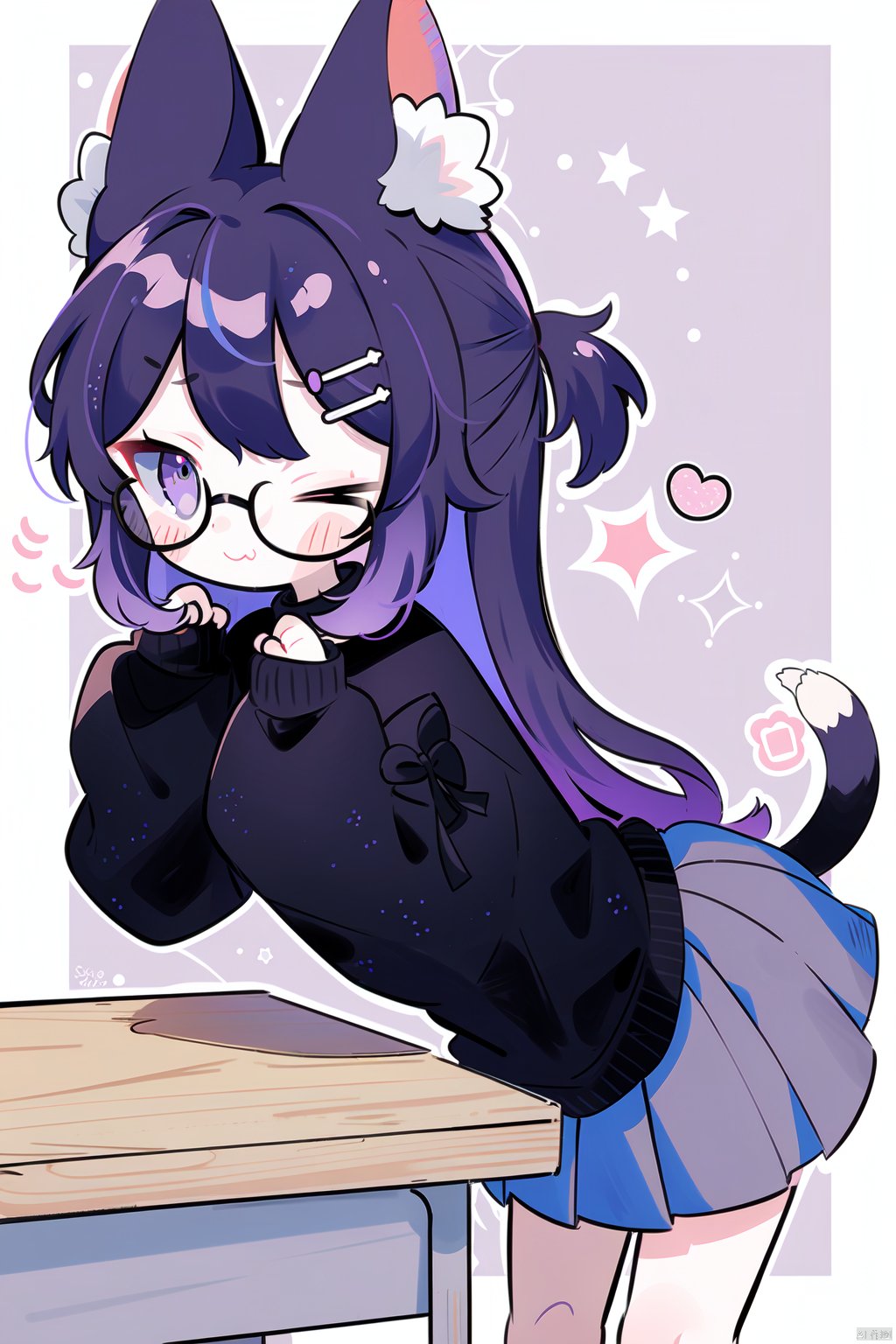 1girl, solo, long hair, looking at viewer, blush, smile, bangs, skirt, brown hair, shirt, hair ornament, long sleeves, animal ears, closed mouth, school uniform, purple eyes, tail, purple hair, heart, multicolored hair, pleated skirt, one eye closed, glasses, hairclip, cat ears, black skirt, sweater, streaked hair, cat tail, animal ear fluff, sleeves past wrists, hands up, leaning forward, cat girl, desk, grey skirt, black-framed eyewear, school desk, black sweater, tail raised, chalkboard, diagonal stripes