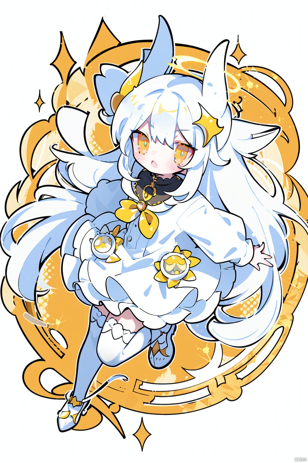 white hair,yellow eyes,looking up,stockings,long hair,hime cut,messy hair,floating hair,demon wings,halo,cross necklace,holy,divinity,shine,holy light,cat girl,(loli),(petite),solo,