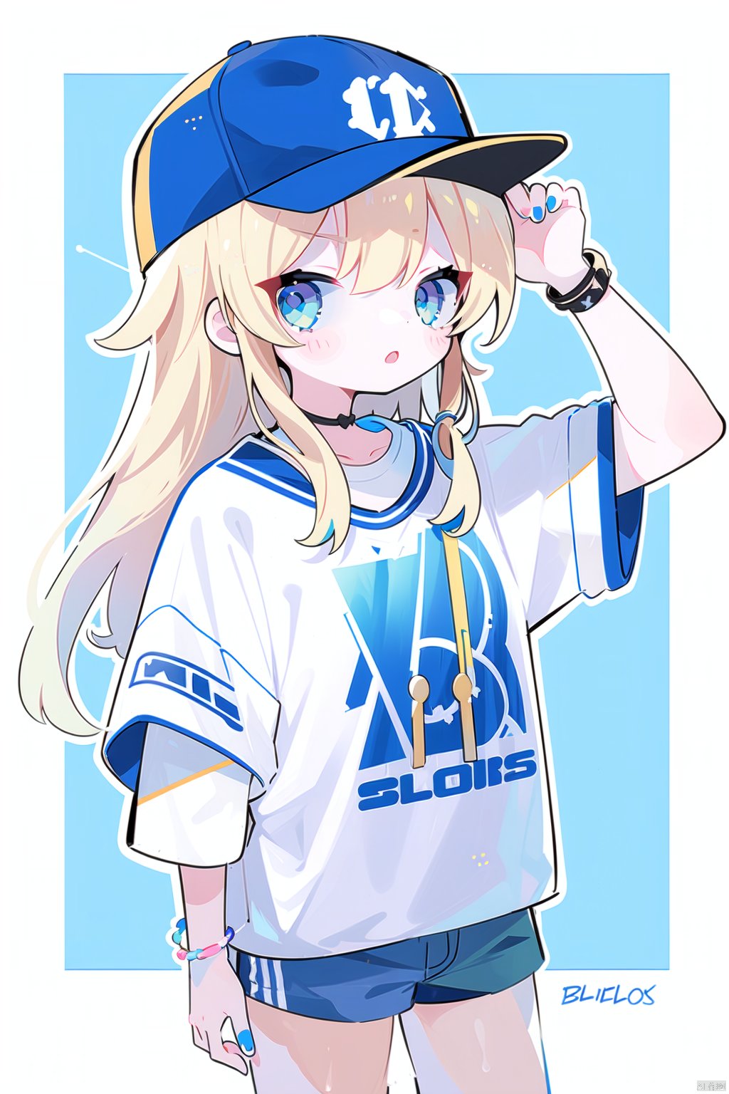 1girl, bangle, bangs, baseball_cap, belt, blonde_hair, blue_bow, blue_headwear, blue_legwear, blue_nails, blue_shorts,