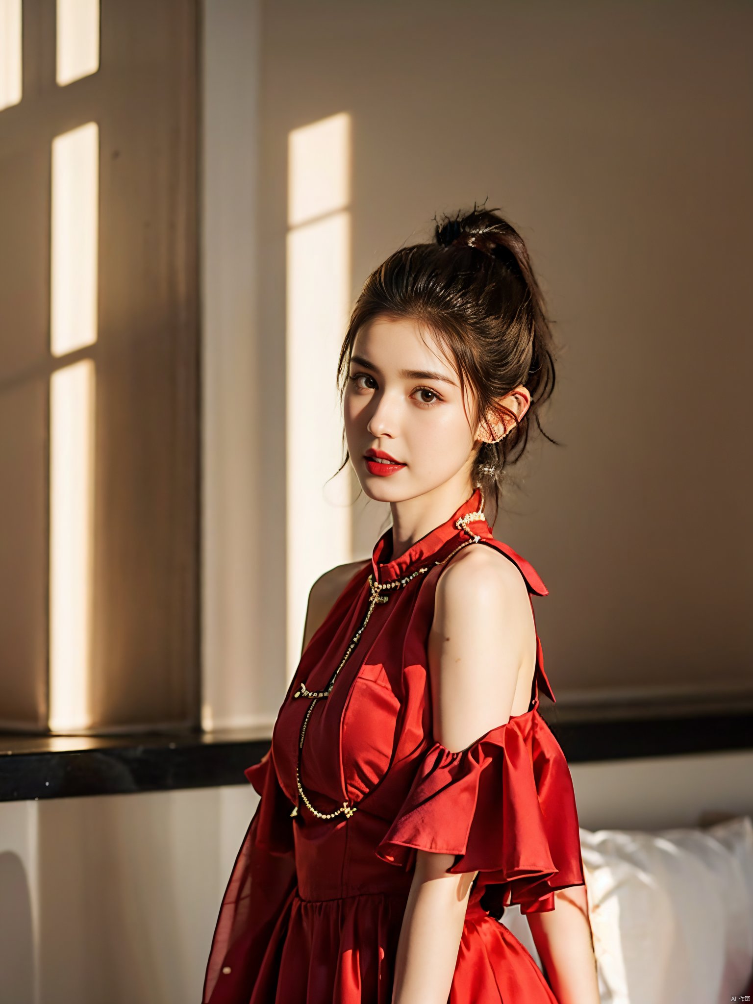  1, 1girl, short hair, brown hair, solo, dress, brown eyes, looking at viewer, holding, red dress, parted lips, bare shoulders, indoors, lips, upper body, sleeveless, 1gril, hand101