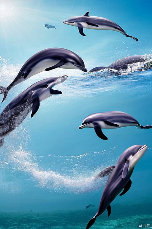 Magical dreams, landscapes, photorealestic, Illustration of dolphins swimming in colorful waters, Look up at the composition, Jellyfish and whales