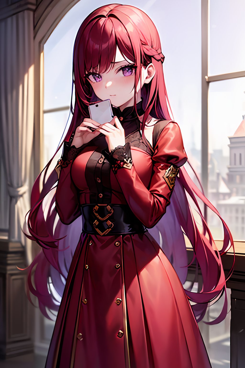 ((masterpiece, best quality, ultra-detailed, very fine 8KCG wallpapers)), 1 girl, solo, pride royal ivy, red hair, long hair, purple eyes, swept bangs, red dress, red coat, nice hands, perfect hands<lora:EMS-3262-EMS:1.000000>, <lora:EMS-307823-EMS:0.800000>