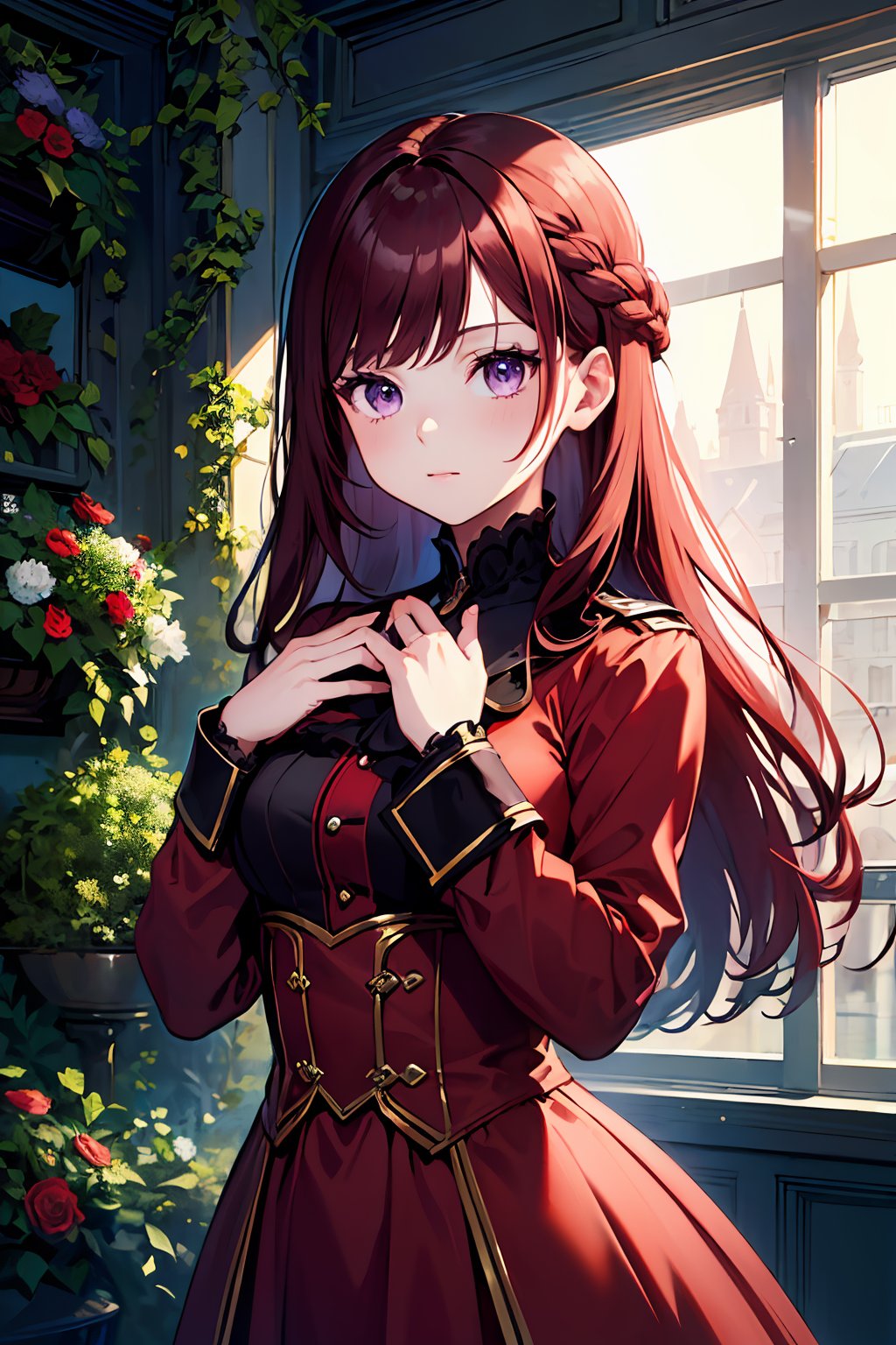 ((masterpiece, best quality, ultra-detailed, very fine 8KCG wallpapers)), 1 girl, solo, pride royal ivy, red hair, long hair, purple eyes, swept bangs, red dress, red coat, nice hands, perfect hands<lora:EMS-3262-EMS:1.000000>, <lora:EMS-307823-EMS:0.800000>