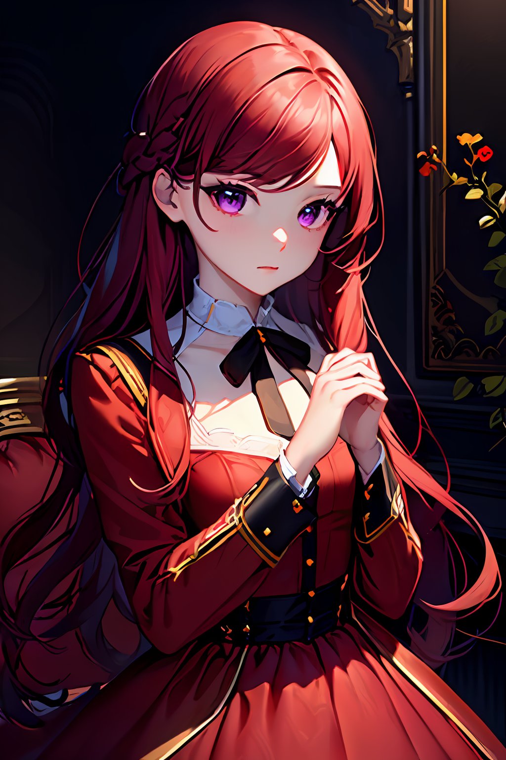 ((masterpiece, best quality, ultra-detailed, very fine 8KCG wallpapers)), 1 girl, solo, pride royal ivy, red hair, long hair, purple eyes, swept bangs, red dress, red coat, nice hands, perfect hands<lora:EMS-3262-EMS:1.000000>, <lora:EMS-307823-EMS:0.800000>