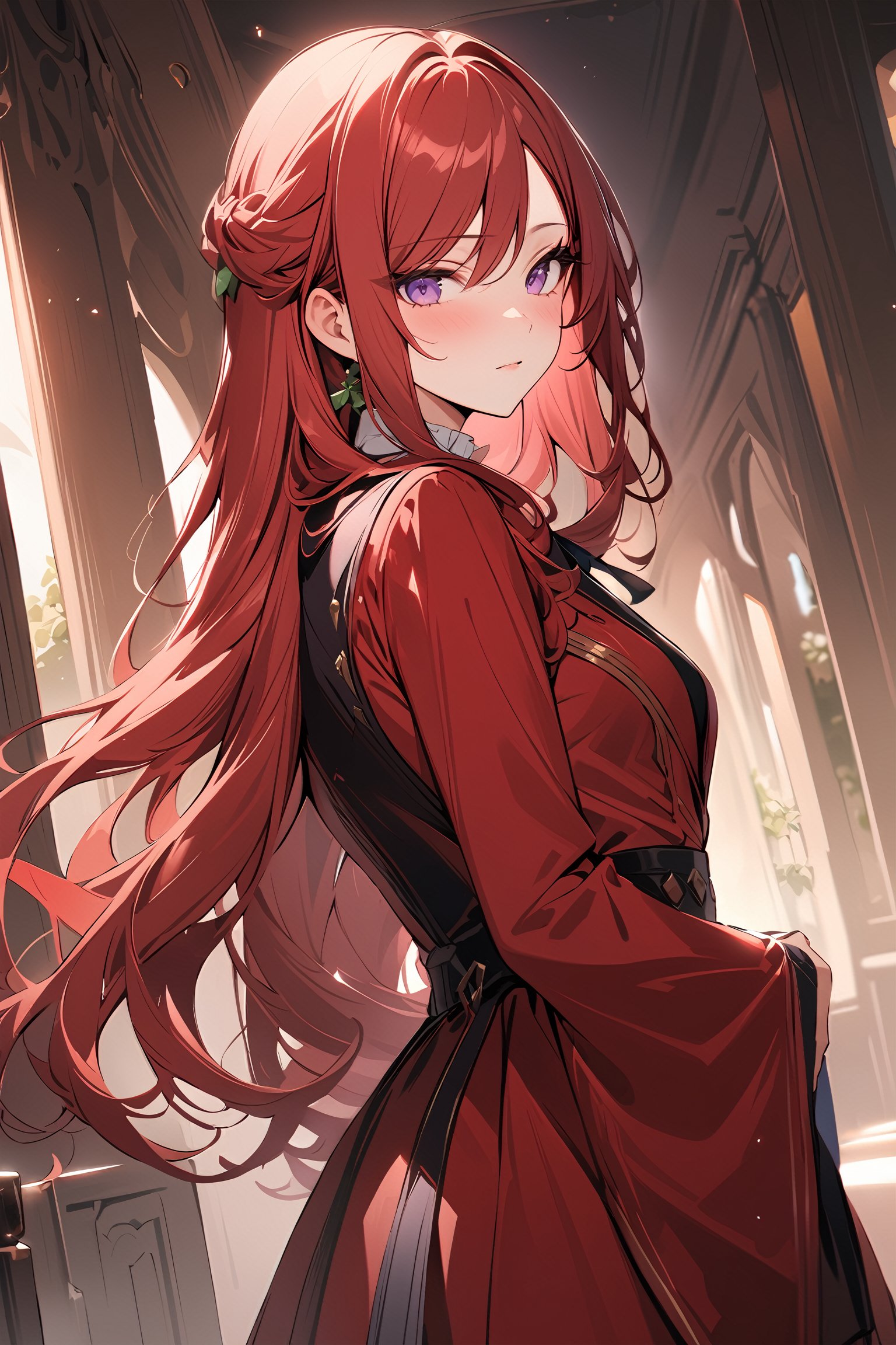 ((masterpiece, best quality, ultra-detailed, very fine 8KCG wallpapers)), 1 girl, solo, pride royal ivy, red hair, long hair, purple eyes, swept bangs, red dress, red coat<lora:EMS-307826-EMS:0.800000>