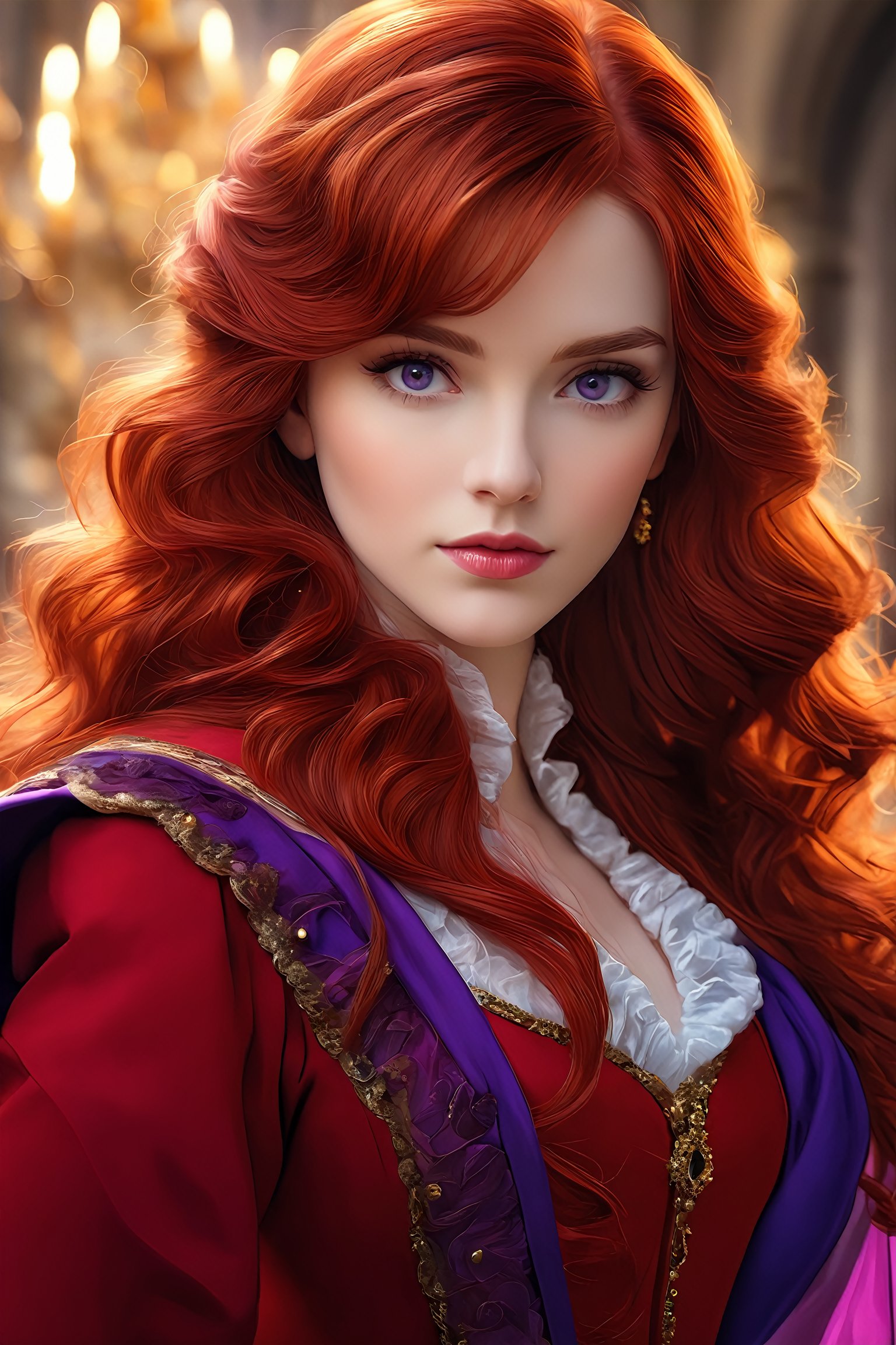 ((masterpiece, best quality, ultra-detailed, very fine 8KCG wallpapers)), 1 girl, solo, pride royal ivy, red hair, long hair, purple eyes, swept bangs, red dress, red coat<lora:EMS-307826-EMS:0.800000>