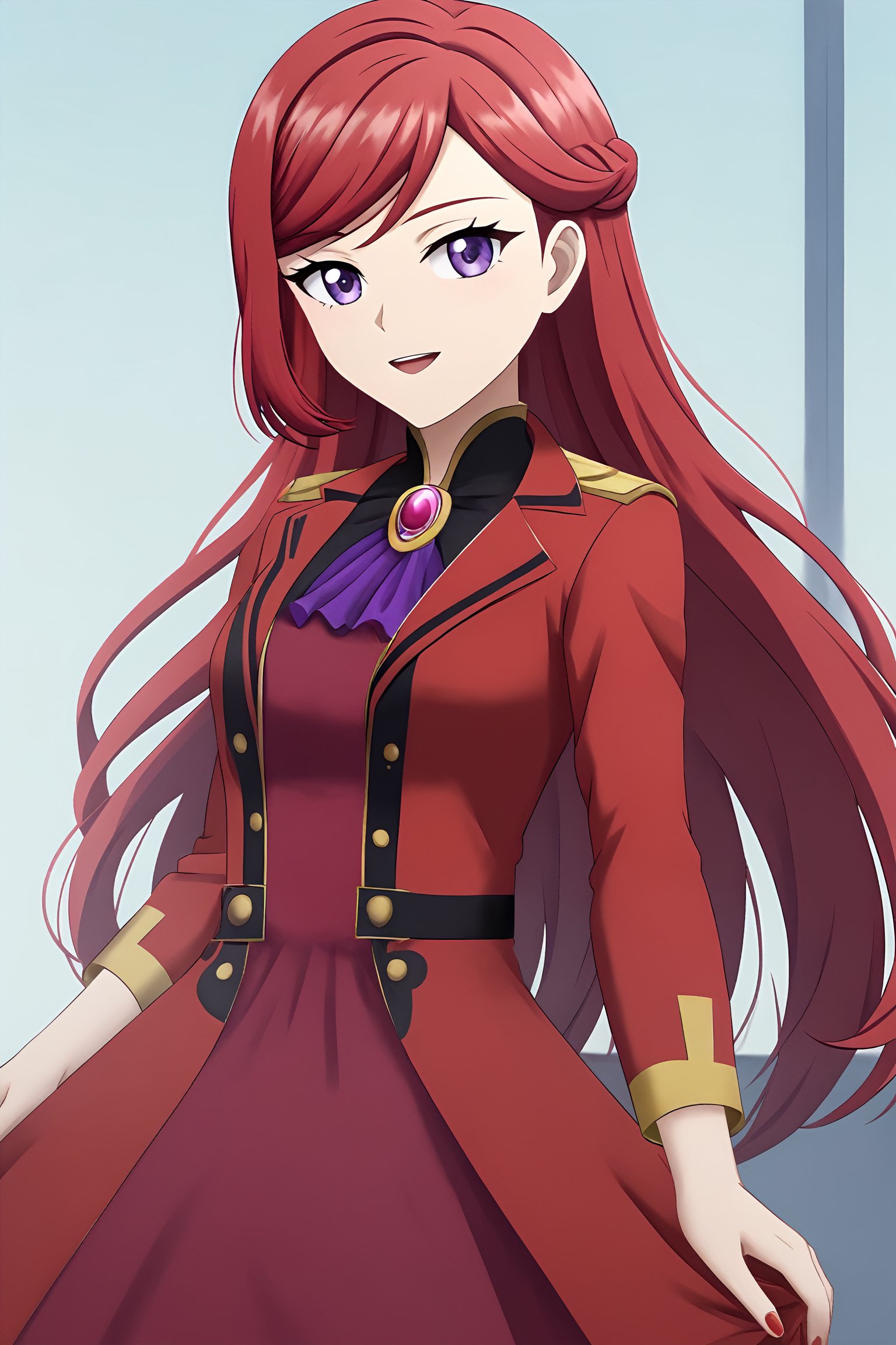 ((masterpiece, best quality, ultra-detailed, very fine 8KCG wallpapers)), 1 girl, solo, pride royal ivy, red hair, long hair, purple eyes, swept bangs, red dress, red coat<lora:EMS-307826-EMS:0.800000>