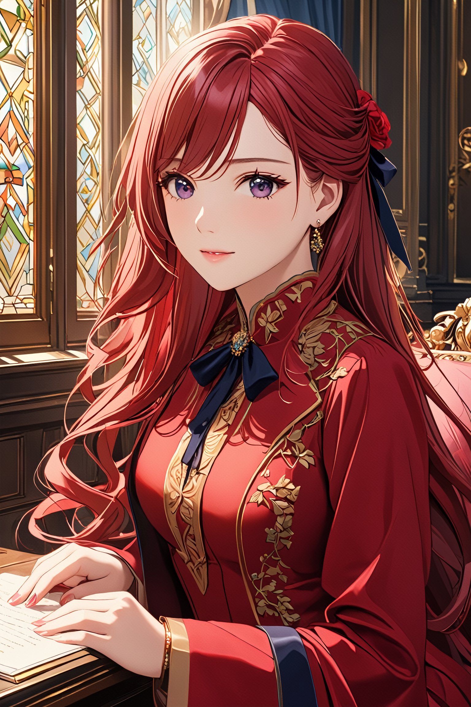 ((masterpiece, best quality, ultra-detailed, very fine 8KCG wallpapers)), 1 girl, solo, pride royal ivy, red hair, long hair, purple eyes, swept bangs, red dress, red coat<lora:EMS-307826-EMS:0.800000>