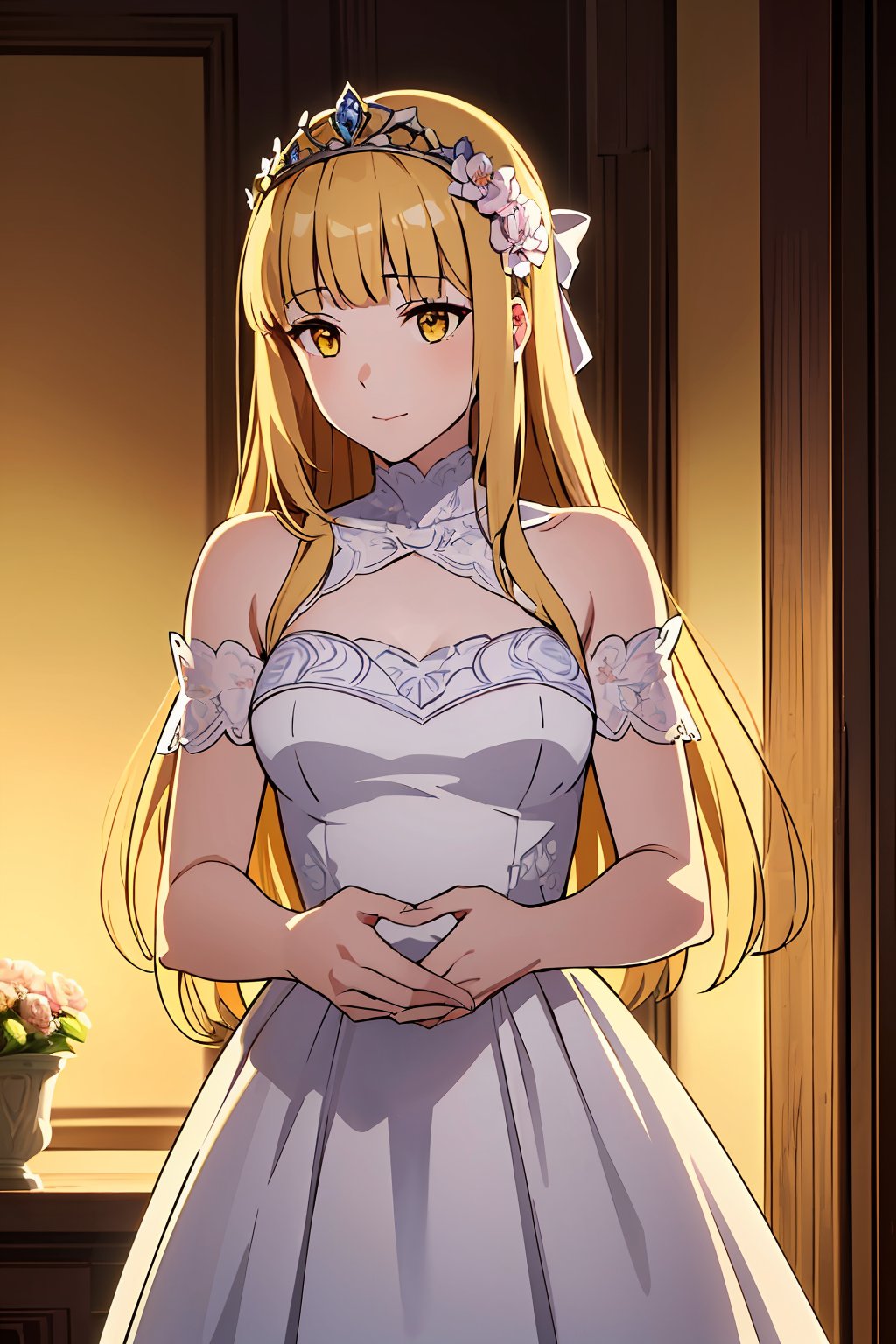 ((masterpiece, best quality, ultra-detailed, very fine 8KCG wallpapers)), 1 girl, solo, tiara royal ivy, blonde hair, long hair, blunt bangs, yellow eyes, dress, bare shoulders, hair bow, hair flower, nice hands, perfect hands<lora:EMS-3262-EMS:1.000000>, <lora:EMS-307832-EMS:0.800000>