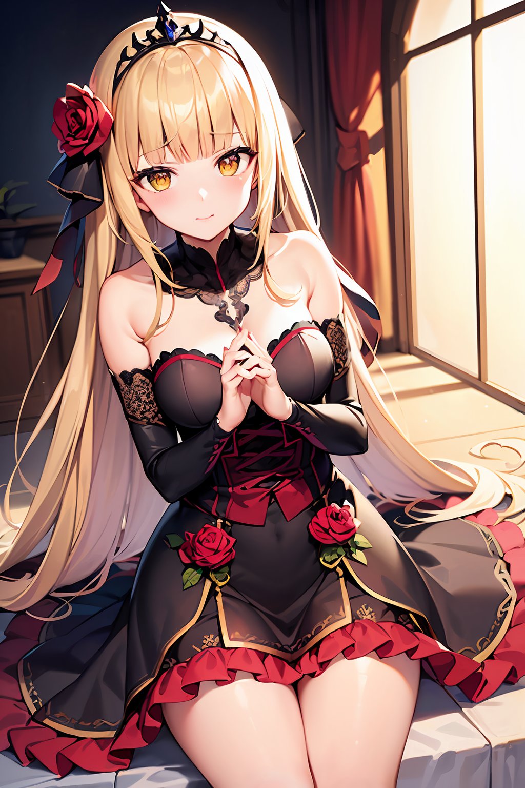 ((masterpiece, best quality, ultra-detailed, very fine 8KCG wallpapers)), 1 girl, solo, tiara royal ivy, blonde hair, long hair, blunt bangs, yellow eyes, dress, bare shoulders, hair bow, hair flower, nice hands, perfect hands<lora:EMS-3262-EMS:1.000000>, <lora:EMS-307832-EMS:0.800000>