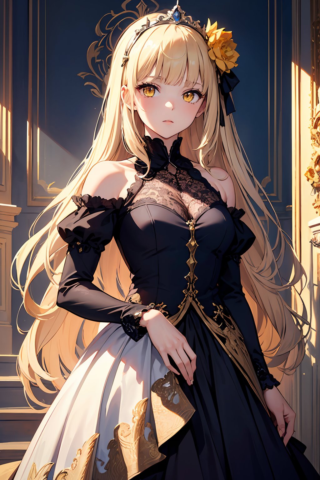 ((masterpiece, best quality, ultra-detailed, very fine 8KCG wallpapers)), 1 girl, solo, tiara royal ivy, blonde hair, long hair, blunt bangs, yellow eyes, dress, bare shoulders, hair bow, hair flower, nice hands, perfect hands<lora:EMS-307832-EMS:0.800000>, <lora:EMS-3262-EMS:1.000000>