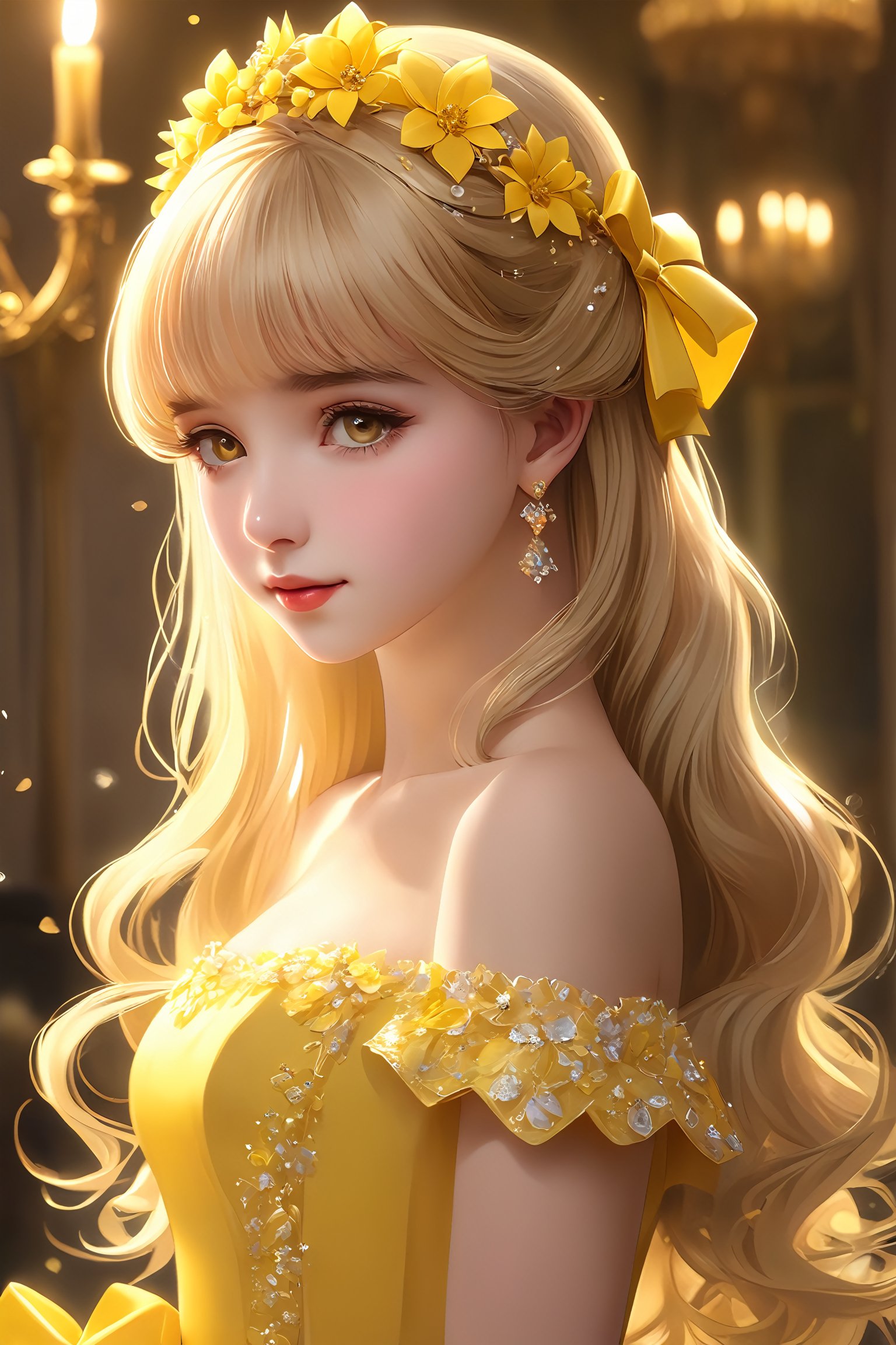 ((masterpiece, best quality, ultra-detailed, very fine 8KCG wallpapers)), 1 girl, solo, tiara royal ivy, blonde hair, long hair, blunt bangs, yellow eyes, yellow dress, bare shoulders, hair bow, hair flower<lora:EMS-307830-EMS:0.800000>