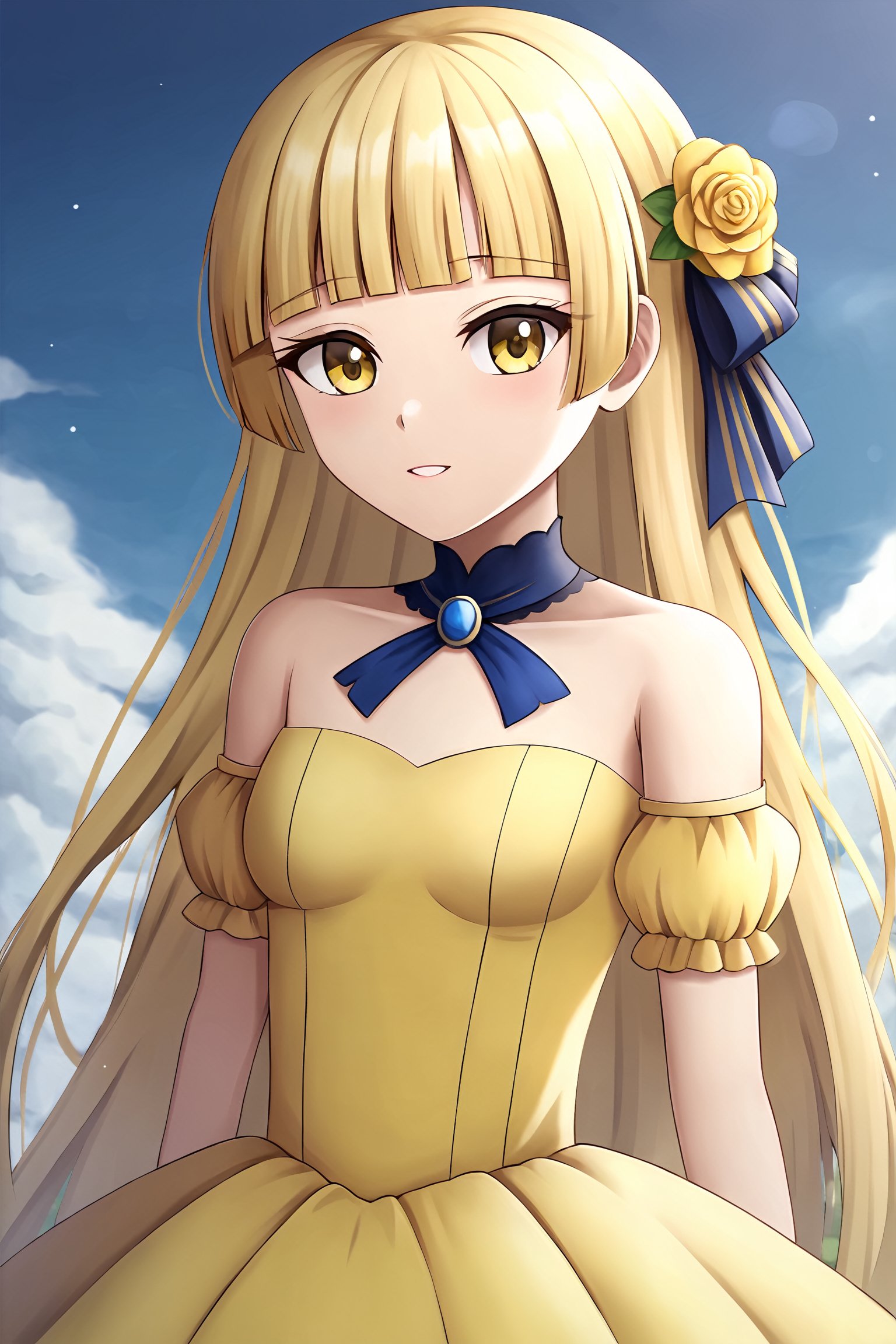 ((masterpiece, best quality, ultra-detailed, very fine 8KCG wallpapers)), 1 girl, solo, tiara royal ivy, blonde hair, long hair, blunt bangs, yellow eyes, yellow dress, bare shoulders, hair bow, hair flower<lora:EMS-307830-EMS:0.800000>