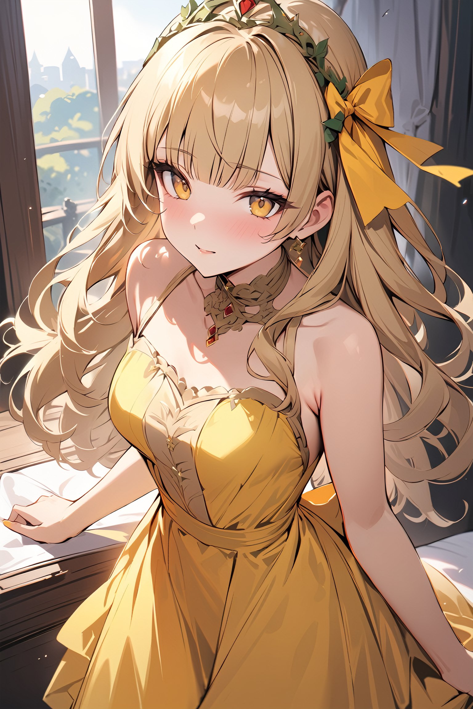 ((masterpiece, best quality, ultra-detailed, very fine 8KCG wallpapers)), 1 girl, solo, tiara royal ivy, blonde hair, long hair, blunt bangs, yellow eyes, yellow dress, bare shoulders, hair bow, hair flower<lora:EMS-307830-EMS:0.800000>