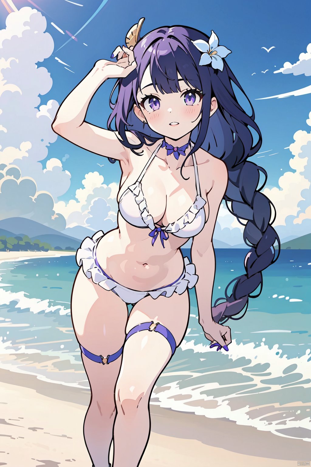  1girl, bikini, swimsuit, hair flower, solo, flower, raiden shogun, navel, frills, white bikini, looking at viewer, front-tie top, parted lips, sky, choker, frilled bikini, outdoors, blush, white flower, day, stomach, cloud, arm garter, bare shoulders, purple nails, thigh strap, arm strap, floating hair, front-tie bikini top, skindentation, full body, dutch angle,floated hair,