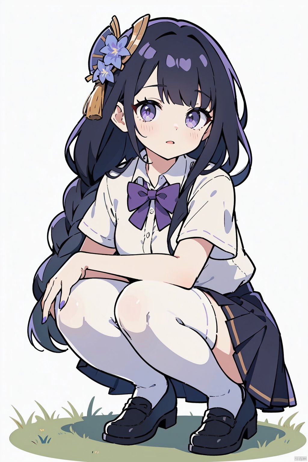  1girl, solo, raiden shogun, thighhighs, shirt, skirt, hair ornament, white thighhighs, squatting, purple nails, short sleeves, white shirt, purple skirt, black footwear, white background, bow, purple bow, collared shirt, looking at viewer, purple bowtie, bowtie, school uniform, grass, shoes, full body, parted lips, pleated skirt, flower, hair flower, loafers, simple background, hands on own knees,