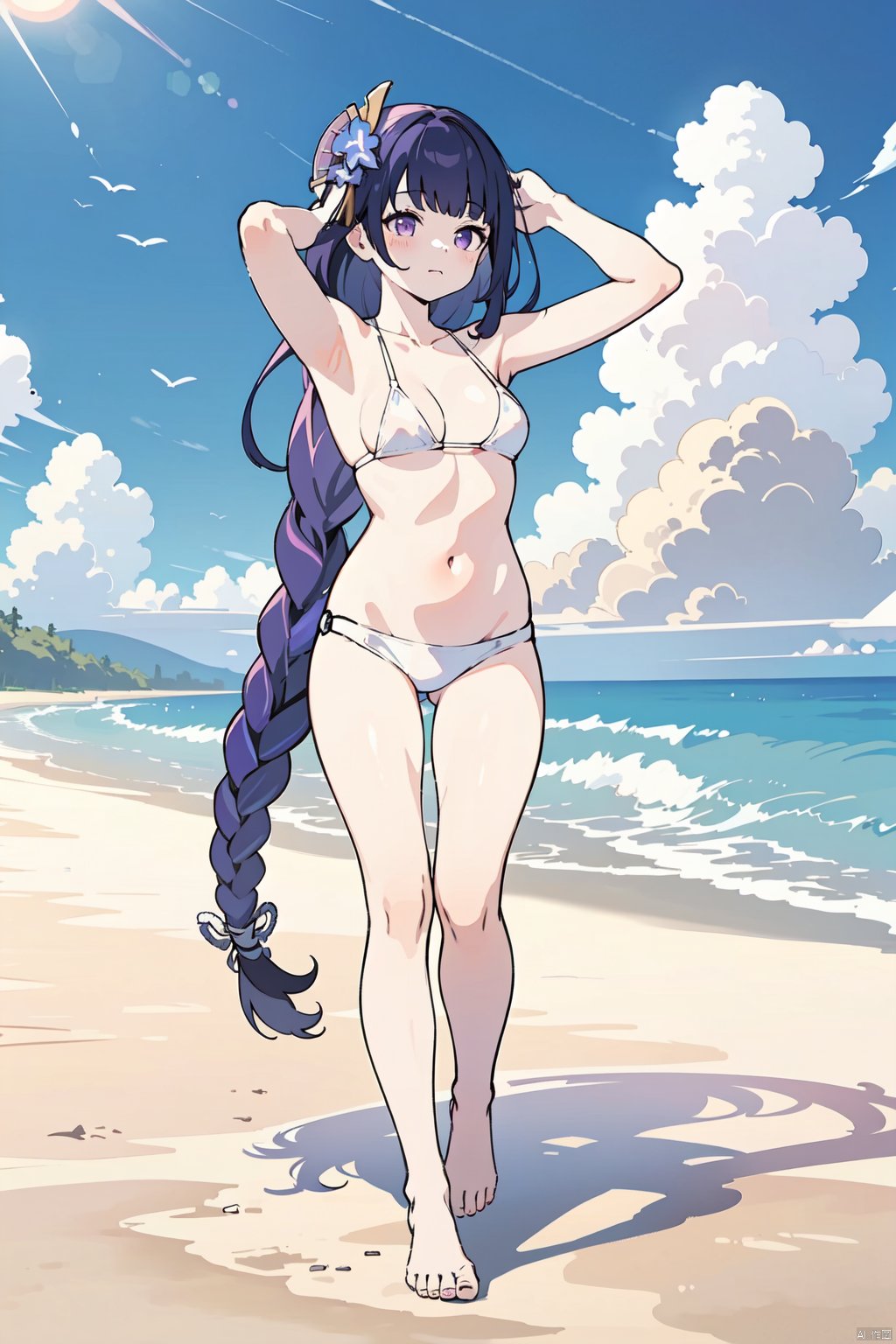  1girl, solo, raiden shogun, swimsuit, bikini, white bikini, hair ornament, navel, outdoors, flower, beach, cloud, day, sky, ocean, hair flower, armpits, blue sky, arm up, small breasts, closed mouth, standing, bare legs, collarbone,walking,small breasts,full body,bare feet