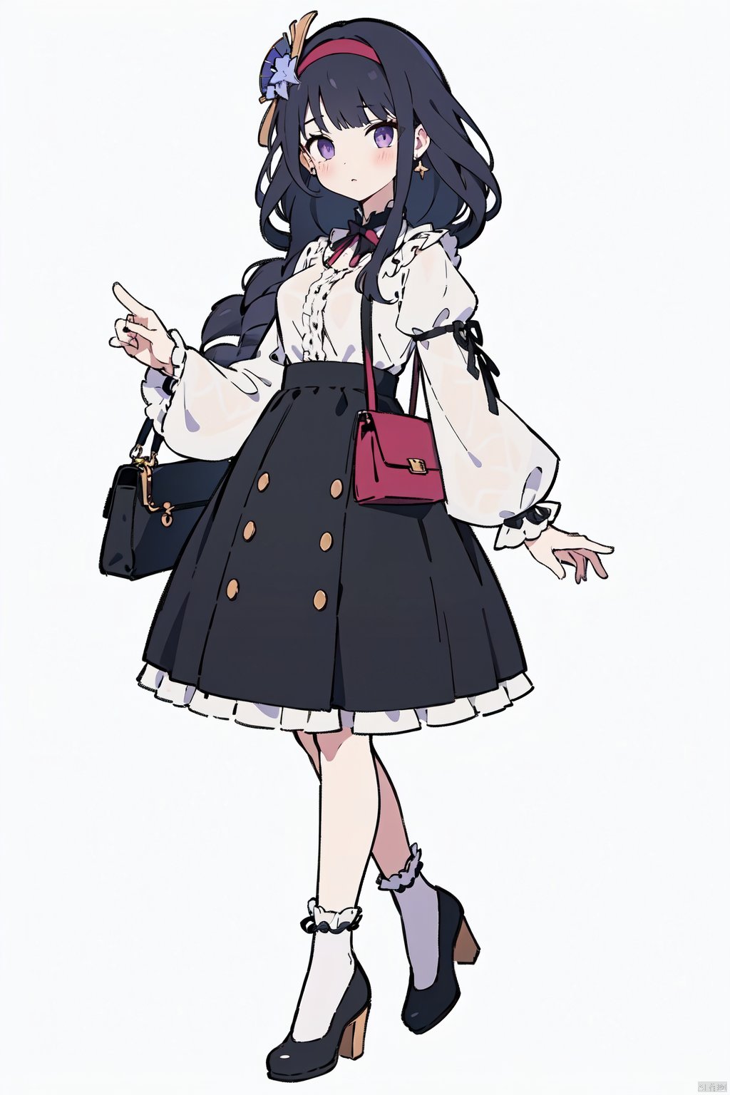  1girl, holding bag, solo, holding, bag, socks, full body, frills, frilled socks, raiden shogun, skirt, long sleeves, shirt, black footwear, jewelry, frilled skirt, earrings, white background, looking at viewer, blush, bow, black bow, simple background, black skirt, frilled sleeves, hair bow, purple shirt, puffy long sleeves, high heels, standing, black bag, lace trim, black socks, hairband, floral print, lace-trimmed skirt, see-through, handbag, puffy sleeves,