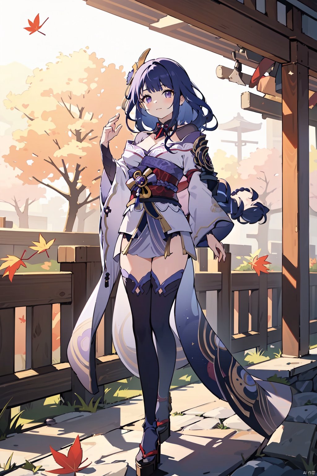  1girl, solo, raiden shogun, braid, leaf, autumn leaves, looking at viewer, maple leaf, closed mouth, falling leaves, narukami's-law outfit,standing,full_body,narukami's-law outfit