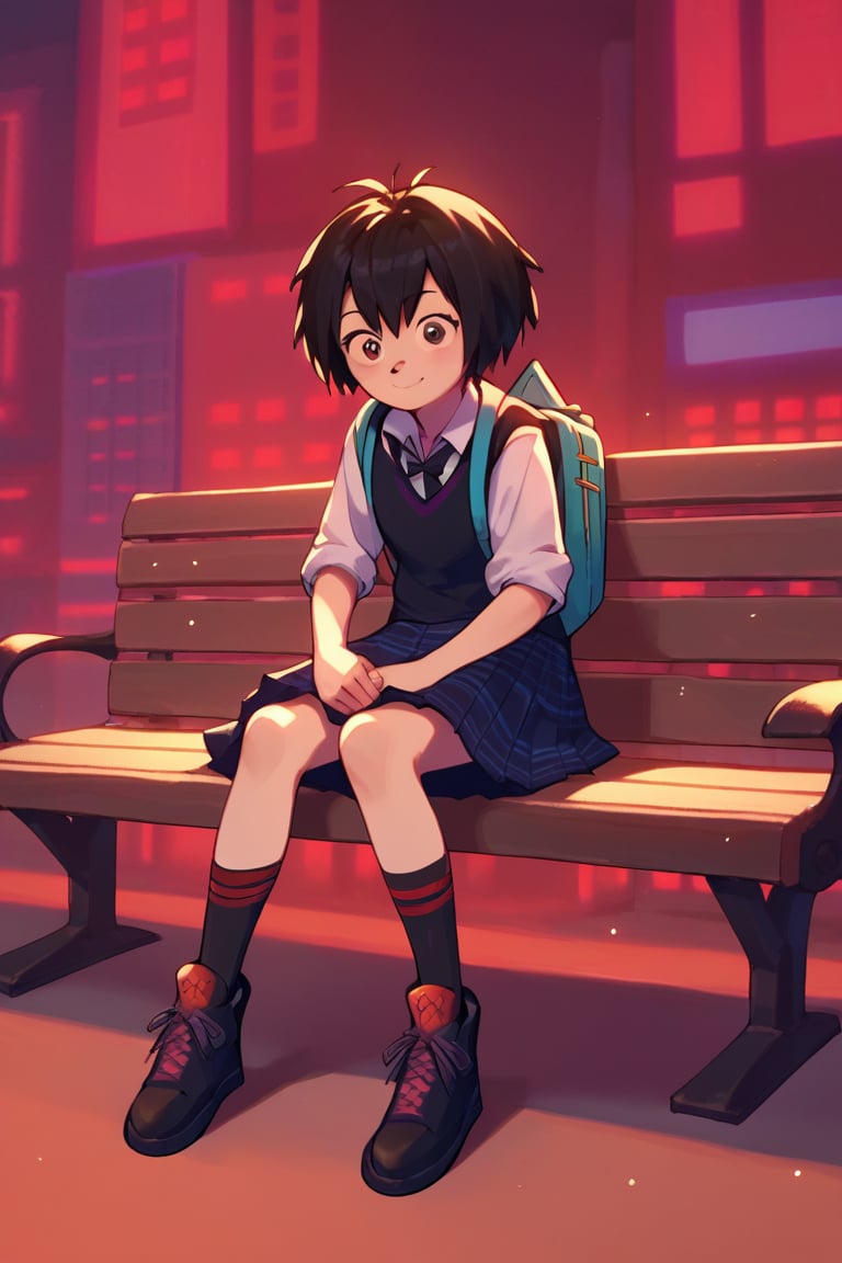 score_9, score_8_up, score_7_up, solo, 1girl, peni, plaid skirt, white shirt, black vest, blue backpack, light smile, city, red theme, sitting, bench, black socks, black footwear<lora:EMS-307846-EMS:1.000000>