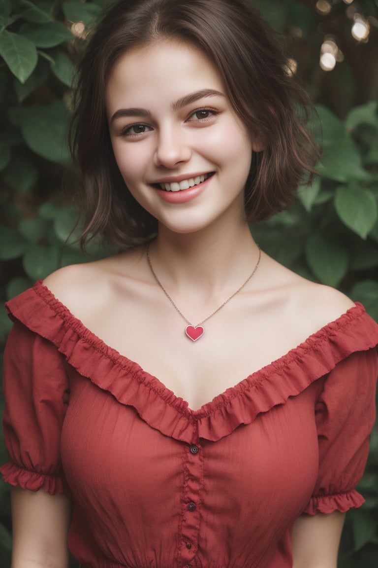 facial expression, 1girl, european, 18 year old, beautiful, laughing, open mouth, wide smile, wide open eyes, heart necklace, black ruffled-front blouse, facing viewer, upper body view, background dark red, 8k uhd, dslr, perfect lighting, high quality, realistic