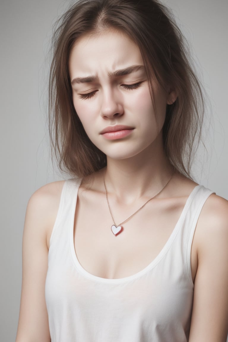 facial expression, 1girl, european, 16 year old, beautiful, pain, downturned mouth, eyes closed tight, portrait, heart necklace, sleeveless low cut t-shirt, facing viewer, 8k uhd, dslr, perfect lighting, high quality, realistic