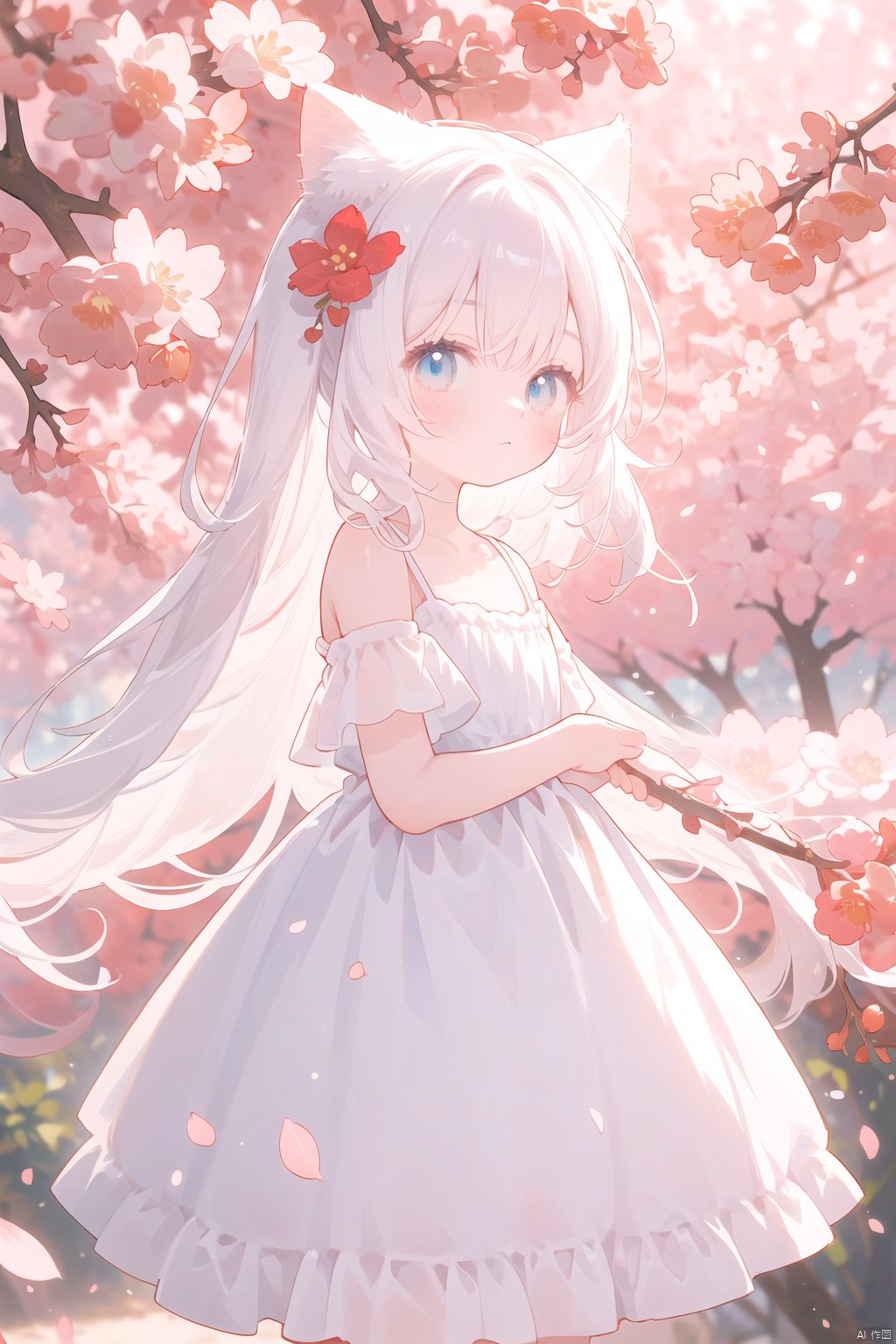  The image features a beautiful anime girl dressed in a flowing white and red dress, standing amidst a flurry of red cherry blossoms. The contrast between her white dress and the red flowers creates a striking visual effect. The lighting in the image is well-balanced, casting a warm glow on the girl and the surrounding flowers. The colors are vibrant and vivid, with the red cherry blossoms standing out against the white sky. The overall style of the image is dreamy and romantic, perfect for a piece of anime artwork. The quality of the image is excellent, with clear details and sharp focus. The girl's dress and the flowers are well-defined, and the background is evenly lit, without any harsh shadows or glare. From a technical standpoint, the image is well-composed, with the girl standing in the center of the frame, surrounded by the blossoms. The use of negative space in the background helps to draw the viewer's attention to the girl and the flowers. The cherry blossoms, often associated with transience and beauty, further reinforce this theme. The girl, lost in her thoughts, seems to be contemplating the fleeting nature of beauty and the passage of time. Overall, this is an impressive image that showcases the photographer's skill in capturing the essence of a scene, as well as their ability to create a compelling narrative through their art.catgirl,loli,catgirl,white hair,blue eyes,white dress,bare shoulders