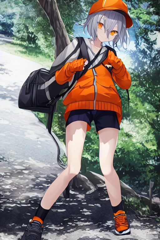 1boy, solo, backpack, full body, shorts, male focus, hat, orange headwear, jacket, long sleeves, looking at viewer, shoes, bag, black shorts, orange footwear, standing, gloves, socks, short hair, closed mouth, grey hair, black gloves, orange jacket, fingerless gloves, orange eyes, black socks, hair between eyes, bangs, sleeves past wrists, puffy long sleeves, sneakers